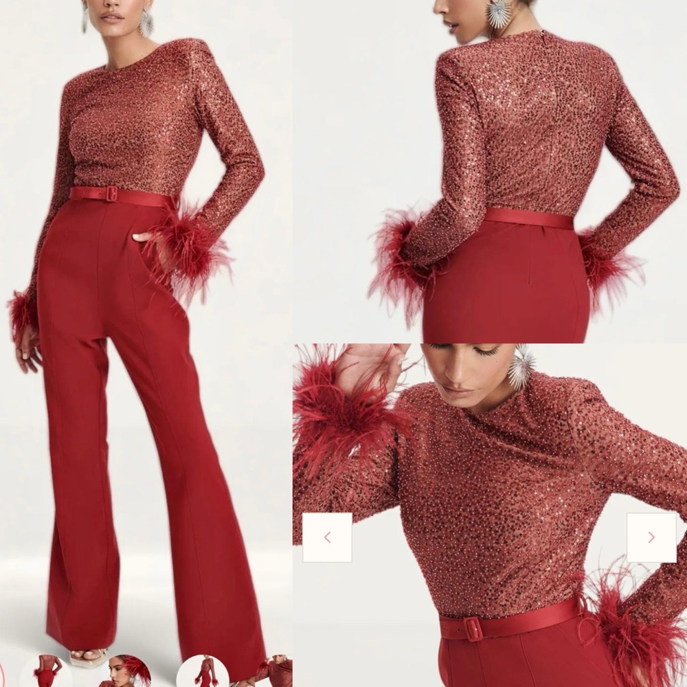 Lavish Alice - Burgundy Beaded Sequin feather trim long sleeve holiday Jumpsuit